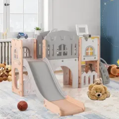 Costway All in 1 Toddle Slide Playset Freestanding Kids Slide with Tunnel, Basketball Hoop Pink+Gray/Yellow+Green/Gray+White