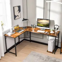 Tangkula L-Shaped Desk with Power Outlet 66&rdquo; Computer Corner Desk with CPU Stand & Heavy-duty Metal Frame Rustic Brown/Black