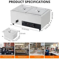 2x12QT Food Warmer 1500W Bain Marie Buffet Pan Steam Table With Adjustable Temp & Auto Shut Off & Dry Burning Indicator