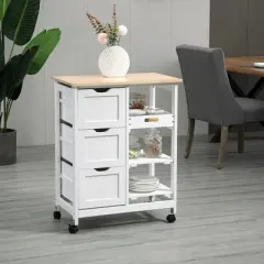 HOMCOM Rolling Kitchen Island Cart, Bar Serving Cart, Compact Trolley on Wheels with Wood Top, Shelves & Drawers for Home Dining Area