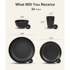 Itopfox 24-Piece Dinnerware Set for 6, Unbreakable Wheat Straw Plates & Bowls, Dishwasher & Microwave Safe, RV, Beach House & Daily Use, Black