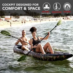 Inflatable Kayak for Water Adventures with Heavy-Duty Vinyl, Aluminum Oars, High Output Pump, Carrying Bag - Camo