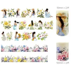 Wrapables Aesthetic Floral Fashion PET Washi Tapes for Scrapbooking, Stationery, Journaling, Diary, Card Making (Set of 2), Green and Pink