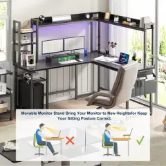 Aheaplus Reversible L-Shaped Computer Desk with Storage Shelf, Home Office Desk with Charging Station, Led Light