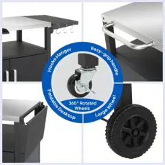 ROVSUN Gourmet Grill Cart with Storage, Movable Grill Table with Wheels, Hooks and Spice Rack, Stainless Steel Top & Storage Cabinet, Pizza Oven Cart