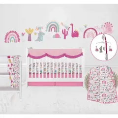 Bacati - Little Dino Girls Fuchsia/Aqua Muslin 8 pc Crib Bedding Set with 2 Swaddling Blankets