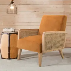 Chlo&eacute; Cane Arm Chair with Wood Base Living Room Upholstered Accent Chair with Rattan Armrest | Karat Home