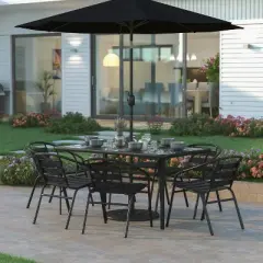 Emma and Oliver 7-Piece Patio Dining Table and Chairs Set with 60" Tempered Glass Top Table, 6 Stack Triple Slat Chairs in Black