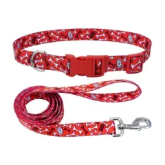 Coastal Pet Styles Dog Leash Set - Patterned Dog Leash (3/8" x 6') & Patterned Dog Collar (3/4" x 8"&ndash;12") - Red Bones