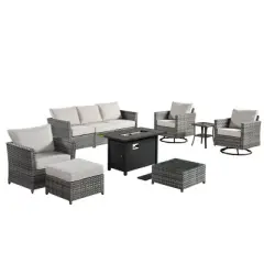 Tenaya 10pc Wicker Outdoor Patio Furniture Set Conversation Sofa with a Metal Fire Pit, Swivel Chairs and Cushions