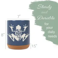 Elanze Designs Floral Frog Flowers Arrangement Toad Ceramic Cork Bottom Navy Blue Large Capacity Utensil Holder Crock for Countertop Storage, Stylish
