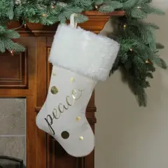 Northlight 19" Ivory White Gold Foil "Peace" Christmas Stocking with White Faux Fur Cuff