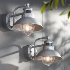 John Timberland Modern Industrial Outdoor Barn Lights Set of 2 Metal Dusk to Dawn Motion Sensor Gooseneck 9" Clear Glass Exterior