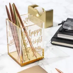 Paper Junkie Gold & Clear Acrylic Pencil Cup & Pen Holder with Inspirational Quotes for Home Office, 2.95 x 4.45 in