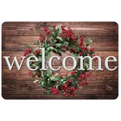 Ashley Productions&reg; The Original Fun Mat&trade;, Welcome Mat, 15.5" x 23.5", Winter Berries Wreath Rustic Wood Welcome