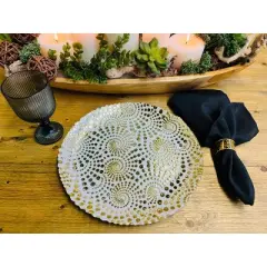 Essential Decor & Beyond 13" White Glass Charger with Gold Swirling Spirals Modern Design Set of 4