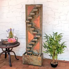 Sunnydaze 48"H Electric Natural Slate and Copper Accents Descending Staircase Outdoor Water Fountain with LED Light