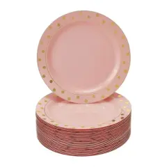 Silver Spoons Charming Dots Plastic Plates for Party, Heavy Duty Disposable Dinner Set, Dessert Plates (7.5&rdquo;), Pink/Gold (24 PC)