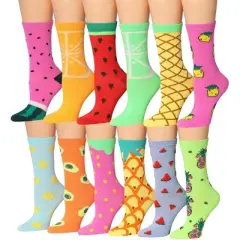Tipi Toe Women's 12 Pack Colorful Fruity Bright Patterned Lightweight Crew Socks