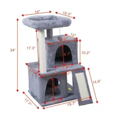 Sandinrayli 34&rdquo; H Luxury 3-Tier Kitten Cat Tree with 2 Condos, Top Perch, Scratching Posts for Playing, Napping, Jumping, Light Gray