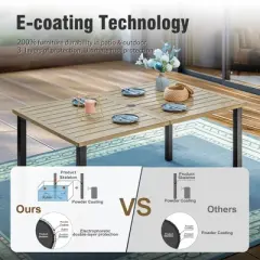 Captiva Designs 7pc Patio Wood-look Steel Dining Table with Umbrella Hole & Stackable Chairs with Bull's Eye Pattern