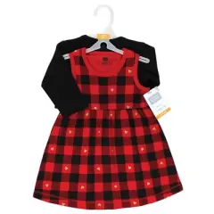 Hudson Baby Baby Girls Cotton Dress and Cardigan Set, Gold Heart Buffalo Plaid