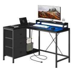 CuisinSmart 43In L Shaped Computer Desk, 3-Drawer Gaming Desk with Storage Shelves and Monitor Stand, Reversible Home Office Desk