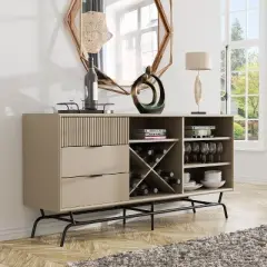Heath 60" Modern Buffet with Wine Cabinet Taupe - miBasics: Storage Console, 3 Drawers, 4 Fixed Shelves