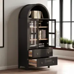 71" Tall Arched Kitchen Pantry Cabinet with 2 Drawers, Adjustable Shelves, Glass Doors, Storage Cupboard for Dining Room, Living Room, or Kitchen