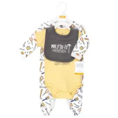 Hudson Baby Infant Boys Cotton Sleep and Play, Bodysuit and Bandana Bib Set, Construction Work