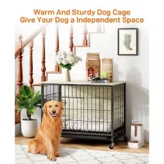 Dog Crate Furniture, 32.5'' Wooden Dog Kennel with Wheels and Double Door, Decorative Pet House with Removable Tray, Modern End Table