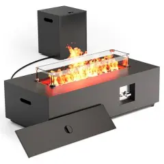 Evita 50,000 BTU Outdoor Fire Pit Table with Propane Tank, Windshield, Glass Stone and Rain Cover-42*20*12 Inch, Black