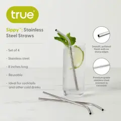 True Sippy Stainless Steel Cocktail Straws, Reusable Metal Straws, Dishwasher Safe, 8 Inch, Set of 4, Silver