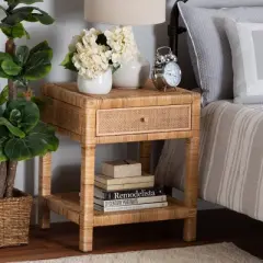 Adelia Natural Rattan & Mahogany 1 Drawer Nightstand with Shelf - Baxton Studio
