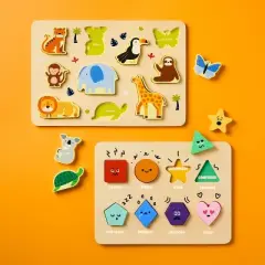 Wooden Shapes & Animals Puzzles - 2pc - Gigglescape&trade;: Educational Toddler Puzzle Set, Fine Motor Skills, Ages 2+