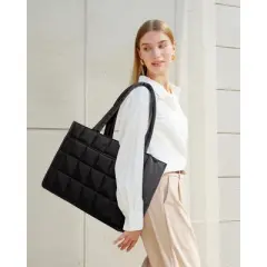 Tote Bag for Women, Puffer Work Handbag 17 Inch Laptop Purse for Nurse Teacher, Large  Black