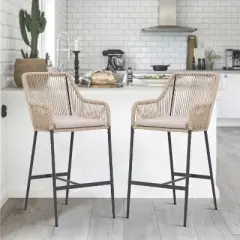 SUGOLD Wicker Bar Stools Set of 2, Patio Outdoor Rattan Bar Height Chairs with Cushions, Armrest and Footrest for Indoor, Garden, Poolside, Lawn,