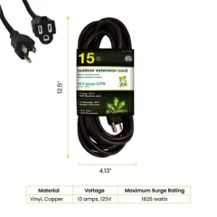 GoGreen Power (GG-13715BK) 16/3 SJTW Outdoor Extension Cord, Black, 15 ft