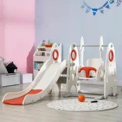 Qaba 4 in 1 Toddler Swing Set with Slide, Basketball Hoop, Climber, Basketball for Kids 1-3 Years Old &  Indoor Use, Red