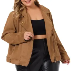 Agnes Orinda Women's Plus Size Faux Suede Lapel Collar Long Sleeve Zipper Moto Jacket
