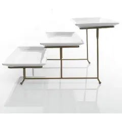 Gibson Gracious Dining Ceramic 3 Tier Rectangular Serving Platter, Appetizer Dessert Stand, Food Server Tray Display, Gold