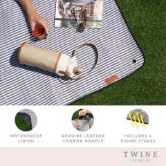 Twine Picnic Blanket - Waterproof Outdoor Blanket with Leather Carrying Straps and Picnic Stakes - Navy/White Striped 6pc Set of 1
