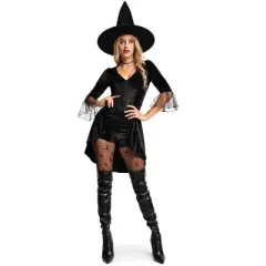 Womens Fancy Witch Halloween Costume w/ Hat - Black Velour Witch Outfit for Adult