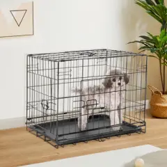 Lirago 36 Inch Black Dog Crate with Double Doors Foldable Metal Pet Cage Featuring Divider Panel and Removable Tray