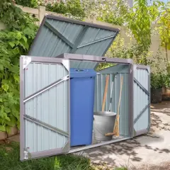MOEPISY Garbage Bin Shed Stores 2 Trash Cans Metal Outdoor Bin Shed for Garbage Storage,Stainless Galvanized Steel, Gray