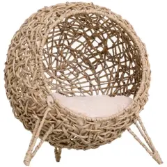 Maliang 20.5" Weaved Cat Bed, Elevated Hand-woven Braided Banana Leaf Kitten House Condo with Cushion, Beige