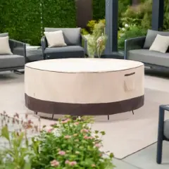 F&J Outdoors Premium Waterproof Outdoor Patio Round Table Cover - Beige+Coffee
