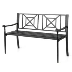 Costway Patio Garden Bench Steel Frame Park Yard Outdoor Furniture Porch Chair Black