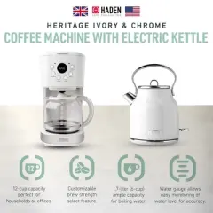 Haden Coffee Machine, 12 Cup Drip Coffee Maker Bundled with Heritage 1.7 Liter Stainless Steel Electric Kettle, Ivory & Chrome