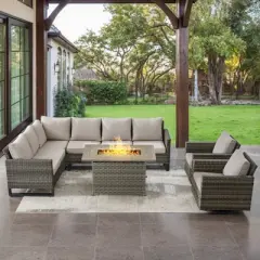 POCASSY L-Shaped Patio Sectional Sofa Set with Fire Pit Table, All Weather Gray Wicker Outdoor Furniture Set with Swivel Chair and Propane Fire Pit